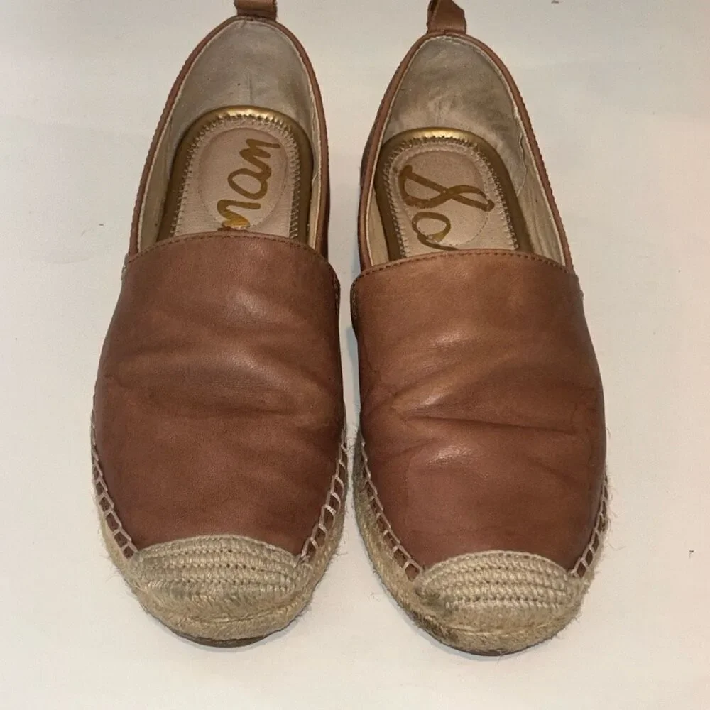 Sam Edelman Khloe Espadrille Leather Flats comfort Sz 6 1/2 tan brown slip on
